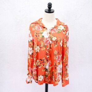 Chico's Size 1 -8/10- Peach Floral Design Collared Button Up Long Sleeve Shirt‎